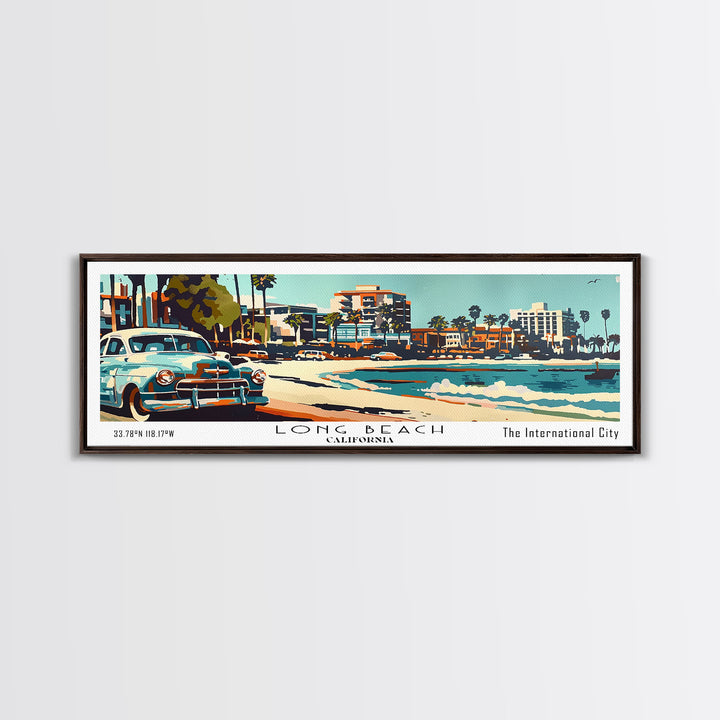 Long Beach California Panoramic Painting, Mid Century Modern Framed Canvas Print, Retro Pop Art Travel Poster, Living Room Wall Art, Home Decor, Vintage Style