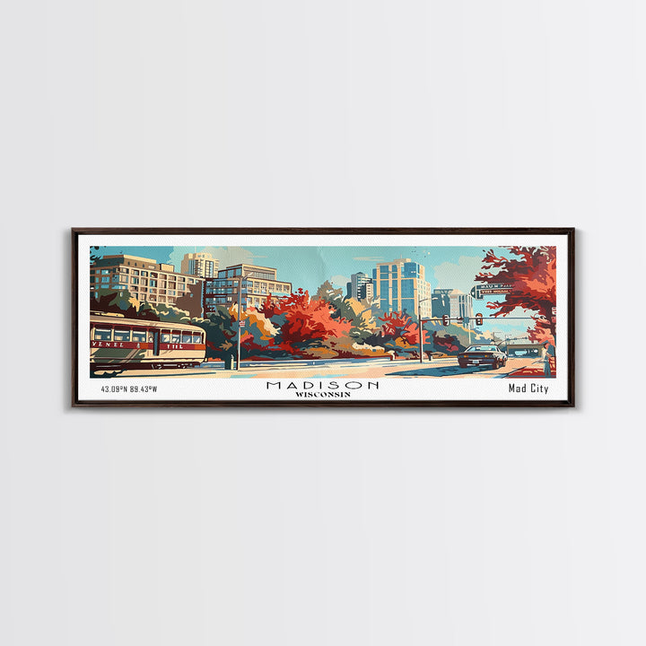 Madison Wisconsin Panoramic Painting, Mid Century Modern Framed Canvas Print, Retro Pop Art Travel Poster, Wall Art, Home Decor, Office Wall Art, Living Room Decor
