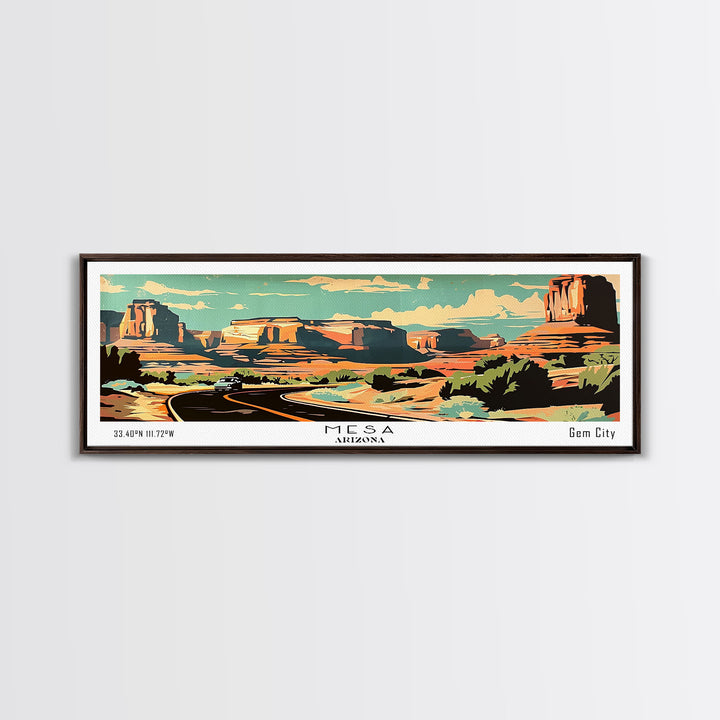 Mesa Arizona Panoramic Painting, Mid Century Modern Framed Canvas Print, Retro Pop Art Travel Poster, Living Room Art, Home Decor, Office Wall Art, Vintage Style