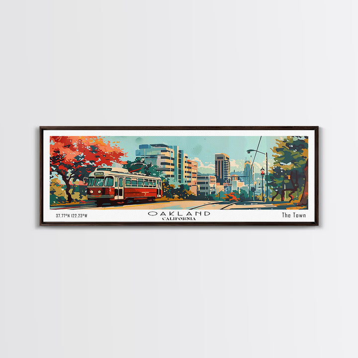 Oakland California Panoramic Painting, Mid Century Modern Framed Canvas Print, Retro Pop Art Travel Poster, Living Room Art, Home Decor, Office Wall Art, Vintage Style