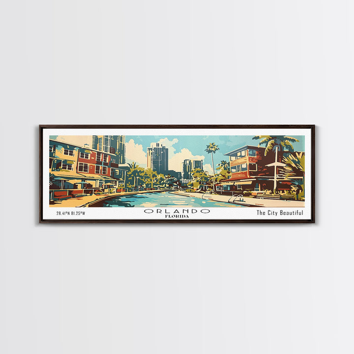 Orlando Florida Panoramic Wall Art, Mid Century Modern Framed Canvas Print, Retro Pop Art Travel Poster, Home Decor, Office Art, Gift Idea, Living Room Wall Hanging