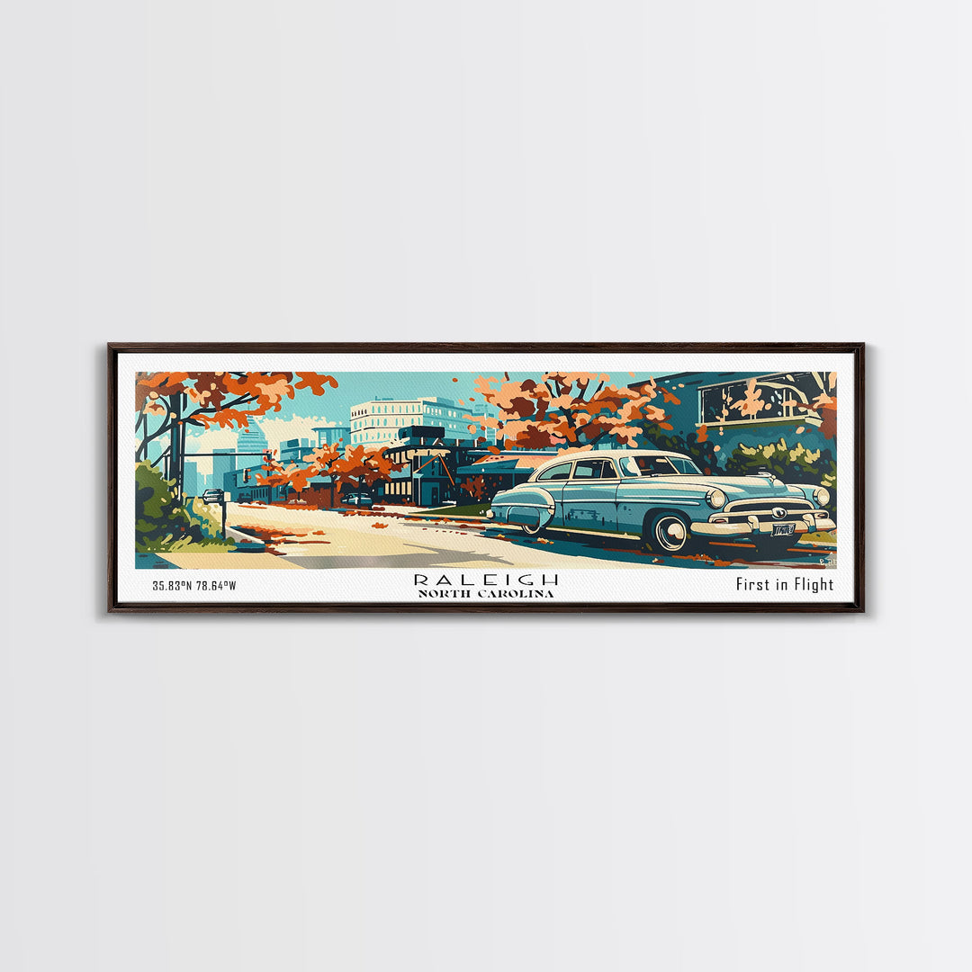 Raleigh North Carolina Panoramic Painting, Mid Century Modern Framed Canvas Print, Retro Pop Art Travel Poster, Living Room and Office Wall Art