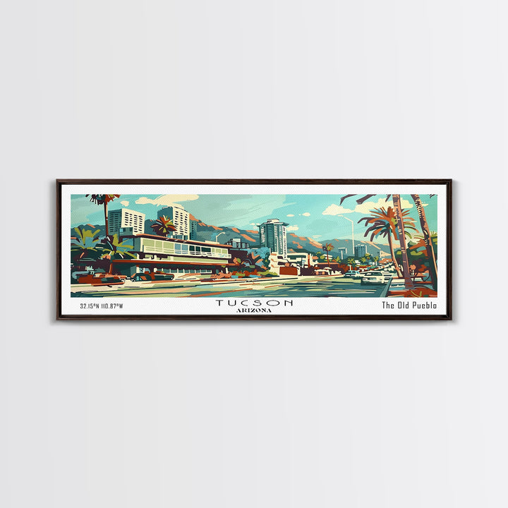 Tucson Arizona Panoramic Wall Art, Mid Century Modern Framed Canvas Print, Retro Pop Art Travel Poster, Living Room and Office Decor