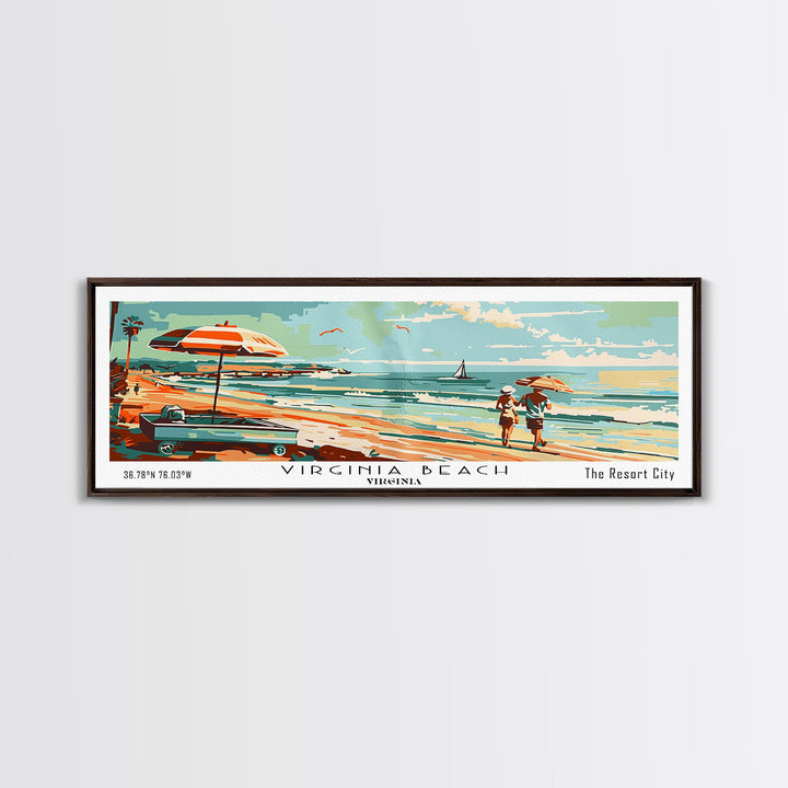 Virginia Beach Virginia Panoramic Wall Art, Mid Century Modern Framed Canvas Print, Retro Pop Art Travel Poster, Living Room and Office Decor