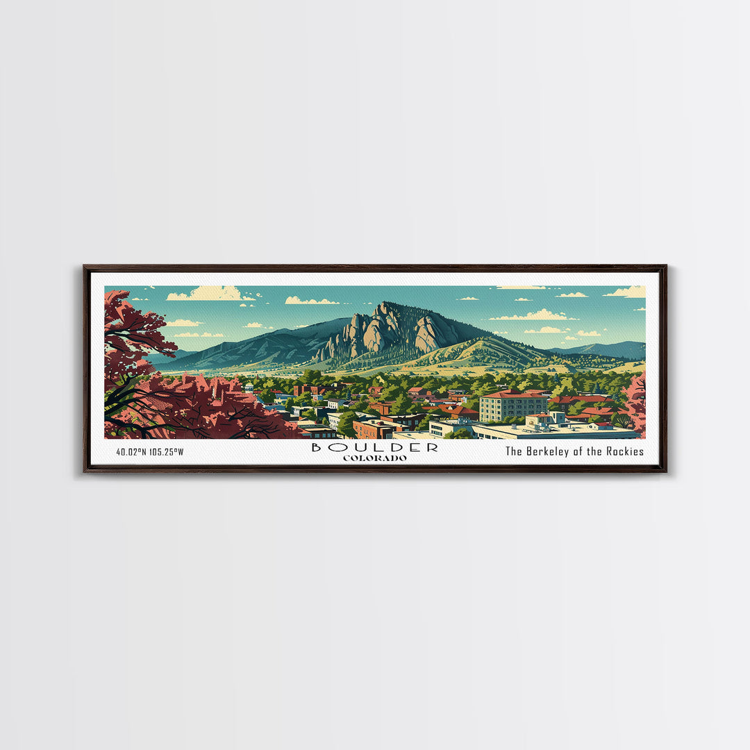Boulder Colorado Panoramic Painting, Mid Century Modern Framed Canvas Print, Retro Pop Art Travel Poster, Living Room Wall Art Decor, City Print