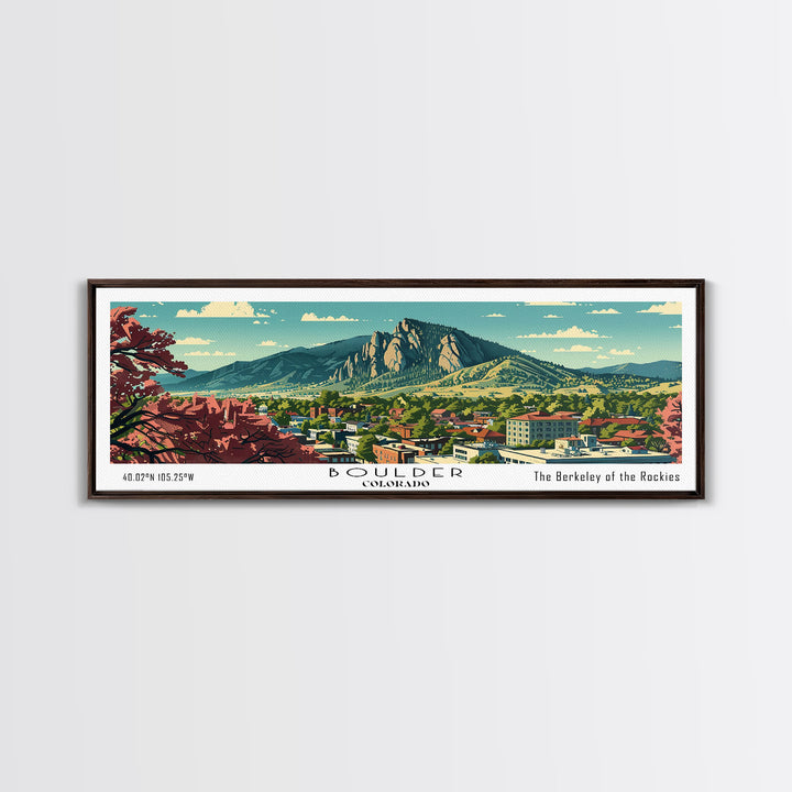 Boulder Colorado Panoramic Painting, Mid Century Modern Framed Canvas Print, Retro Pop Art Travel Poster, Living Room Wall Art Decor, City Print