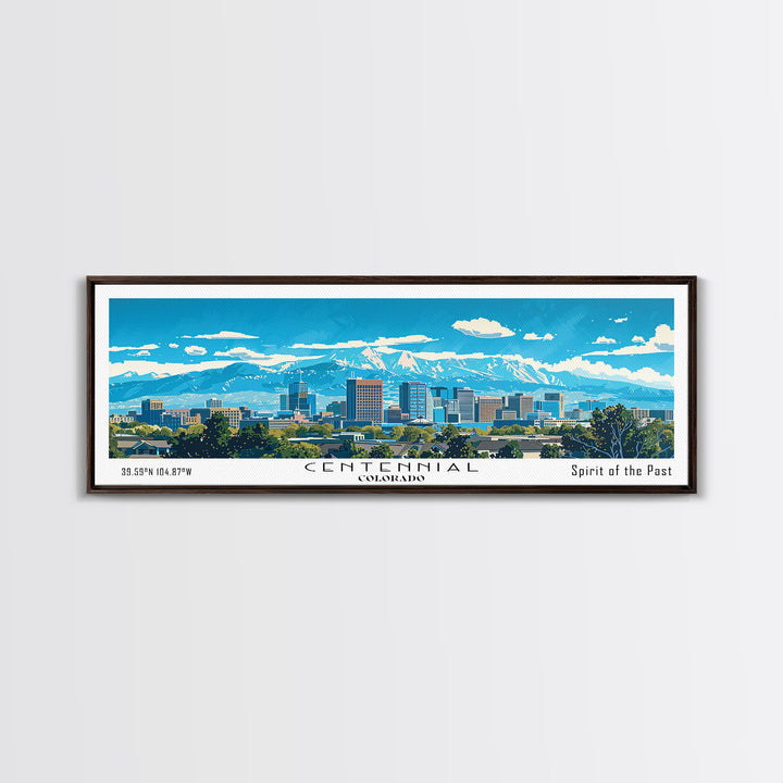 Centennial Colorado Panoramic Painting, Mid Century Modern Framed Canvas Print, Retro Pop Art Travel Poster, Office Wall Art Decor, City Art
