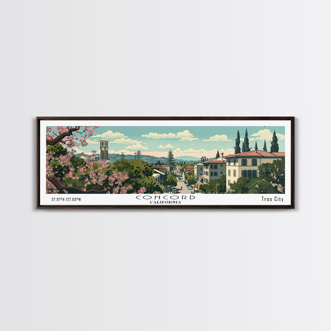 Concord California Panoramic Painting, Mid Century Modern Framed Canvas Print, Retro Pop Art Travel Poster, City Wall Decor, Office Decor