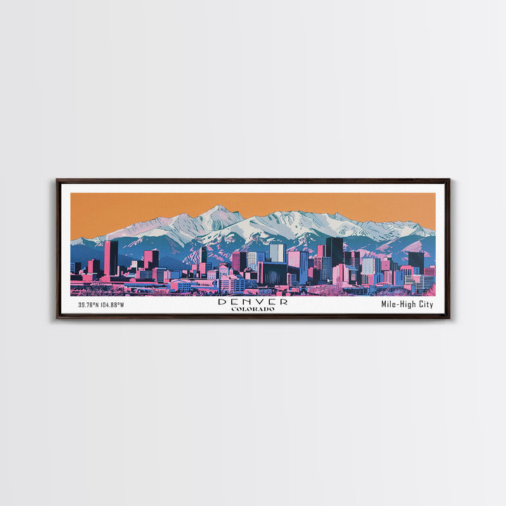Denver Colorado Panoramic Wall Art, Mid Century Modern Framed Canvas Print, Retro Pop Art Travel Poster, City Living Room Art, Office Decor