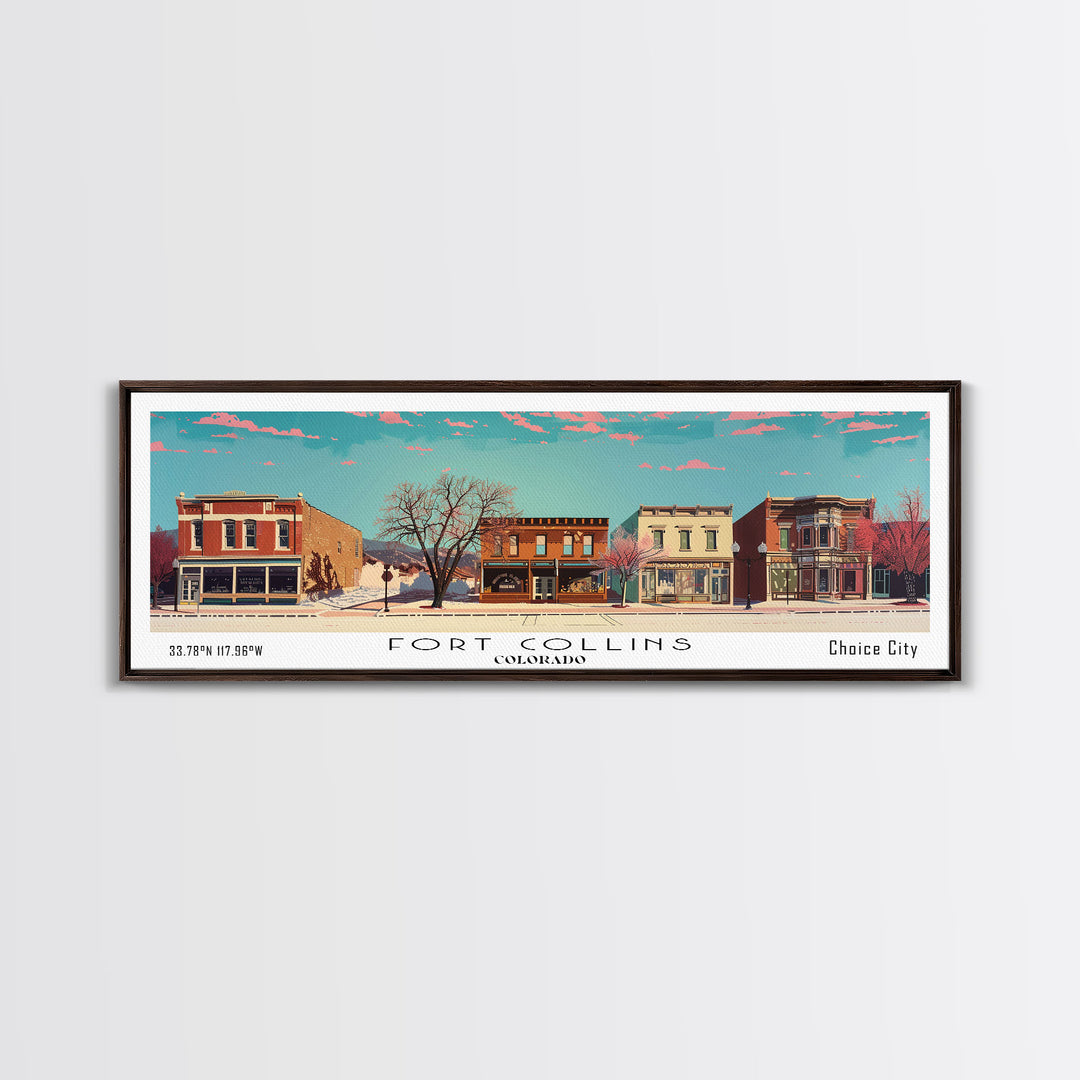 Fort Collins Colorado Panoramic Painting, Mid Century Modern Framed Canvas Print, Retro Pop Art Travel Poster, Office Wall Decor