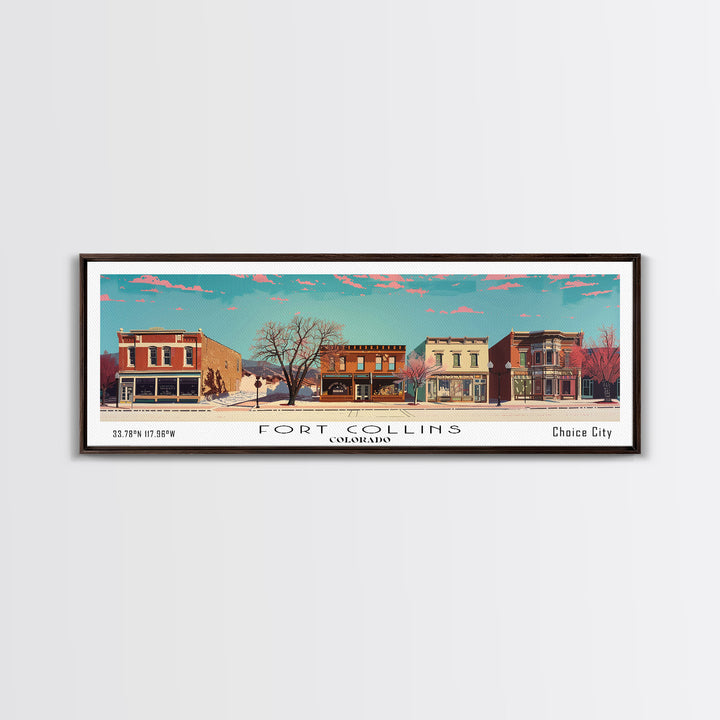 Fort Collins Colorado Panoramic Painting, Mid Century Modern Framed Canvas Print, Retro Pop Art Travel Poster, Office Wall Decor