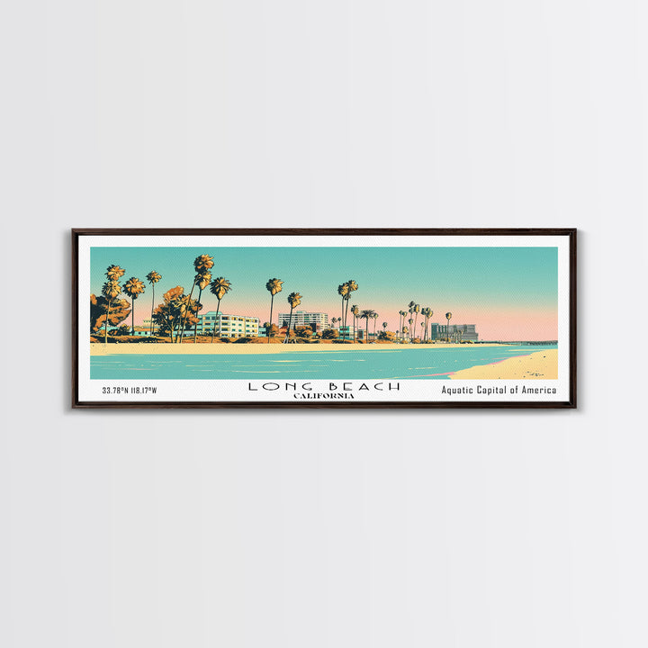Long Beach California Panoramic Painting, Mid Century Modern Framed Canvas Print, Retro Pop Art Travel Poster, Office Decor