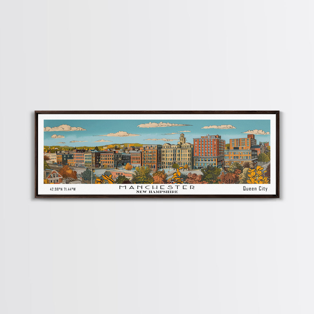 Manchester New Hampshire Panoramic Painting, Mid Century Modern Framed Canvas Print, Retro Pop Art Travel Poster, Living Room Decor