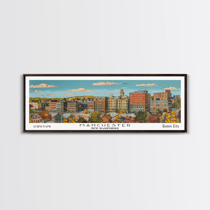 Manchester New Hampshire Panoramic Painting, Mid Century Modern Framed Canvas Print, Retro Pop Art Travel Poster, Living Room Decor