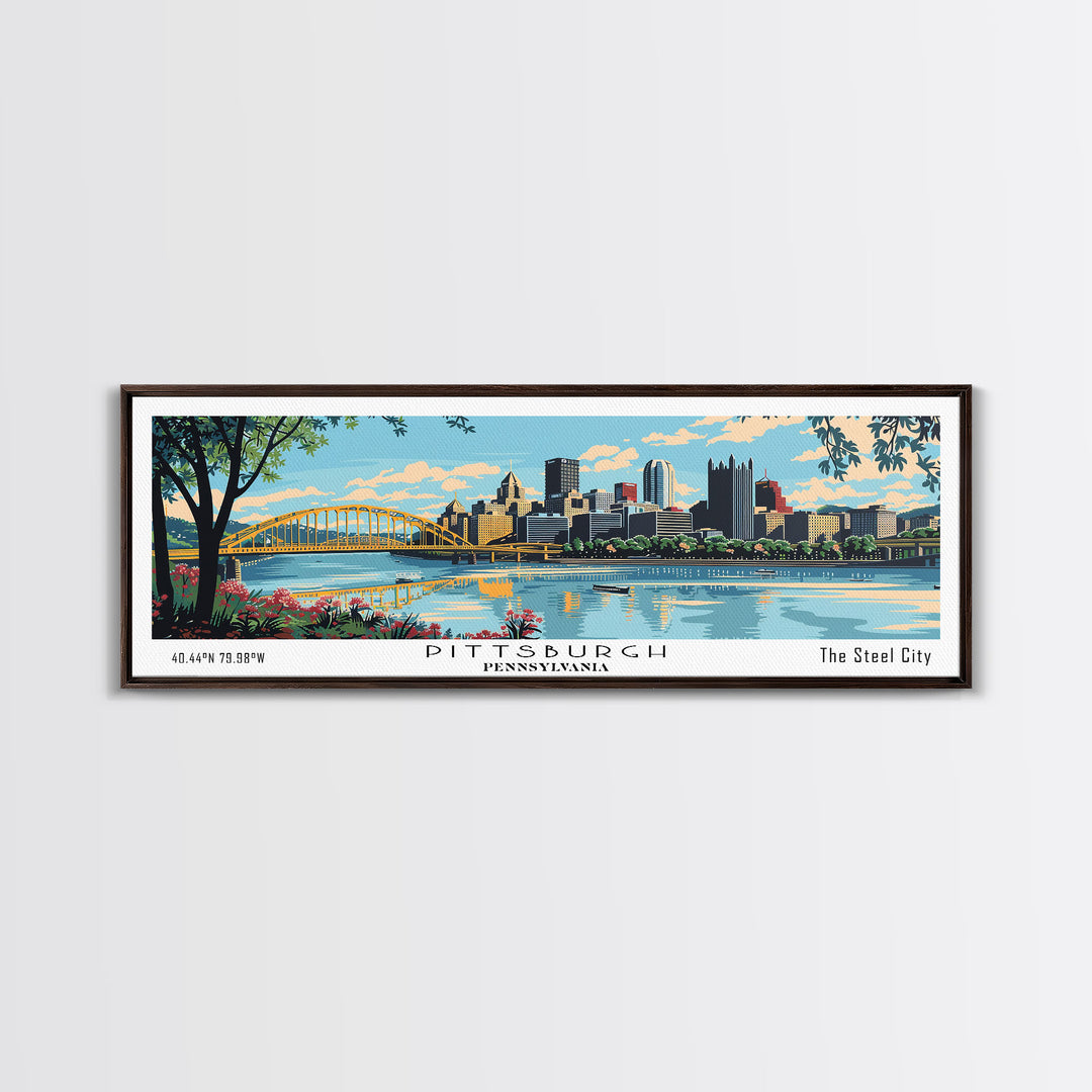 Pittsburgh Pennsylvania Panoramic Wall Art, Mid Century Modern Framed Canvas Print, Retro Pop Art Travel Poster, City Art, Office Wall Decor, Living Room Art