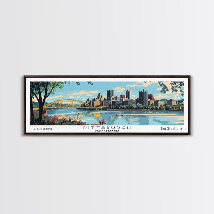 Pittsburgh Pennsylvania Panoramic Wall Art, Mid Century Modern Framed Canvas Print, Retro Pop Art Travel Poster, City Art, Office Wall Decor, Living Room Art