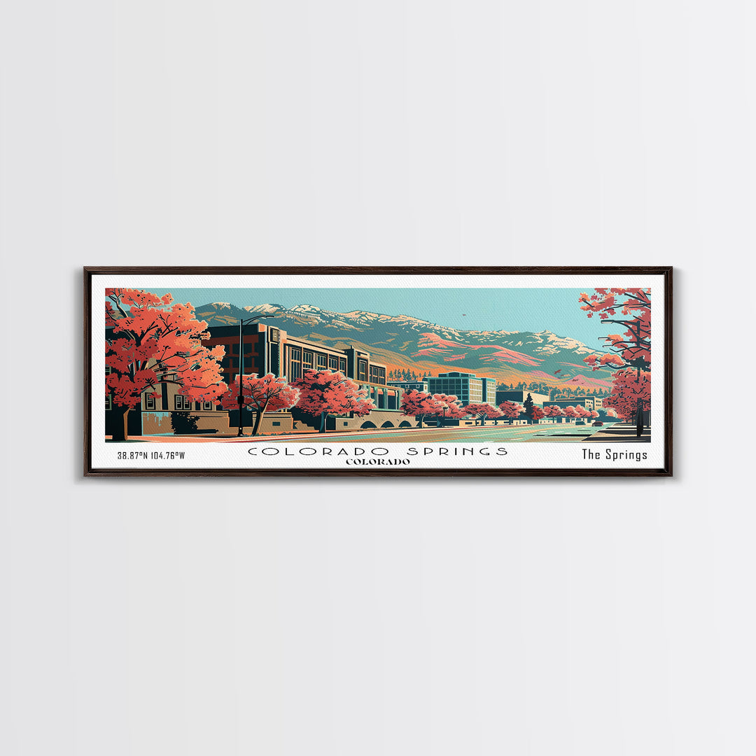 Colorado Springs Colorado Panoramic Painting, Framed Canvas Print, Mid Century Modern Wall Art, Retro Pop Art Travel Poster, Office Decor, City Art
