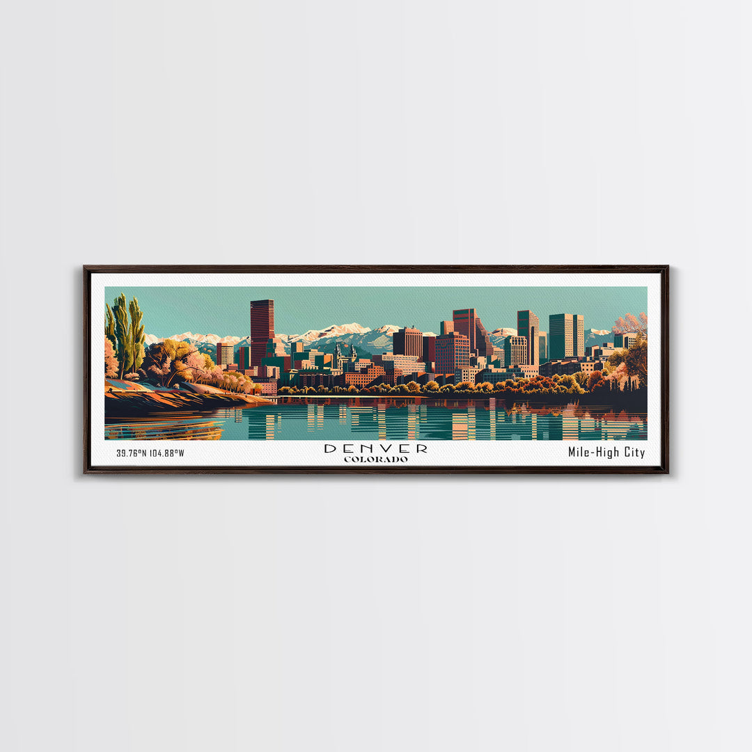 Denver Colorado Panoramic Painting, Framed Canvas Print, Mid Century Modern Wall Art, Retro Pop Art Travel Poster, Living Room Decor, City Art