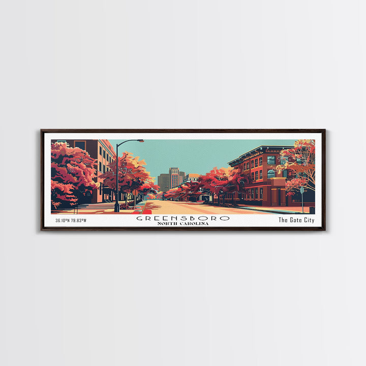 Greensboro North Carolina Panoramic Wall Art, Mid Century Modern Framed Canvas Print, Retro Pop Art Travel Poster, City Art, Living Room Decor, Home Office Decor