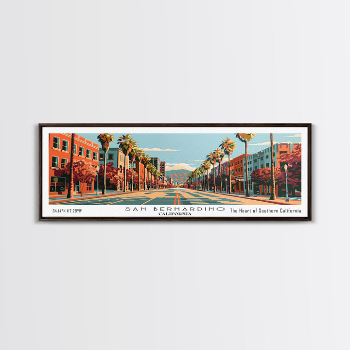 San Bernardino California Panoramic Painting, Mid Century Modern Framed Canvas Print, Retro Pop Art Travel Poster, Cityscape, Home Decor, Office Wall Art