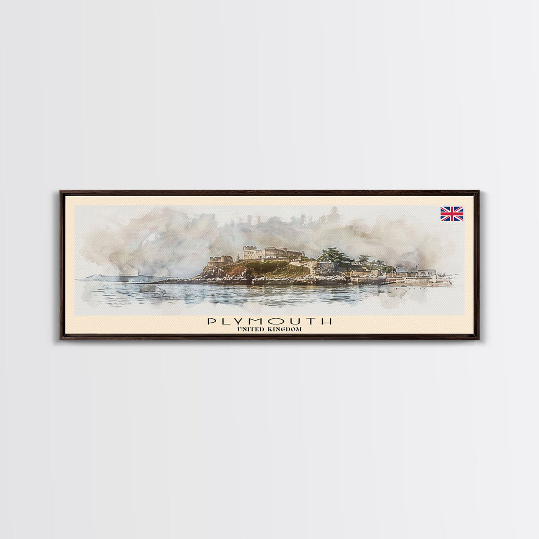 Plymouth United Kingdom Panoramic Travel Poster, Framed Canvas Print or Metal Wall Art, Travel Art, Home Decor, Panoramic Painting, Midcentury Art
