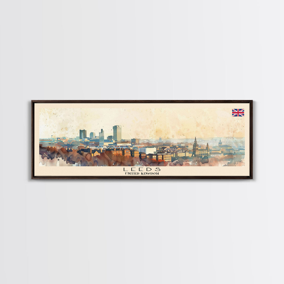 Leeds United Kingdom Panoramic Travel Poster, Framed Canvas Print or Metal Wall Art, Travel Art, Home Decor, Panoramic Painting, Midcentury Art