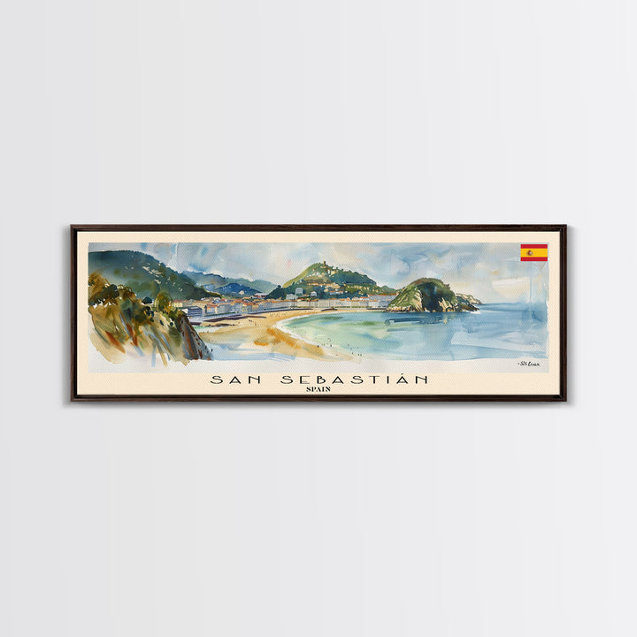 San Sebastian Spain Panoramic Travel Poster, Framed Canvas Print or Metal Wall Art, Travel Art, Home Decor, Panoramic Painting, Midcentury Art