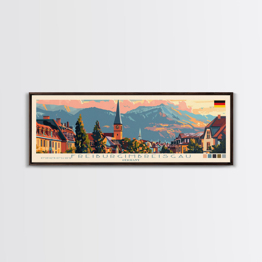 Freiburg Germany Panoramic Travel Poster, Framed Canvas Print or Metal Wall Art, Travel Art, Home Decor, Panoramic Painting, Midcentury Art