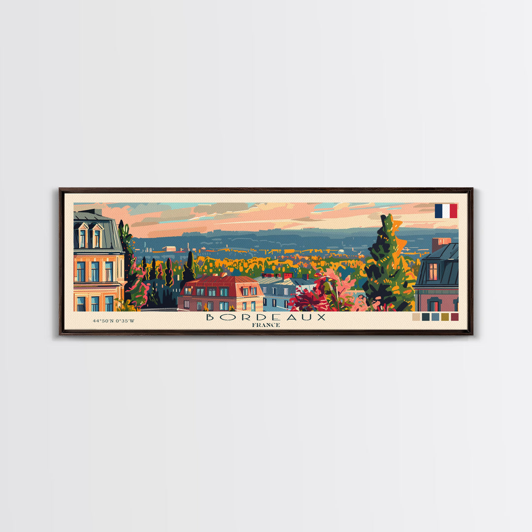 Bordeaux France Panoramic Travel Poster, Framed Canvas Print or Metal Wall Art, Travel Art, Home Decor, Panoramic Painting, Midcentury Art