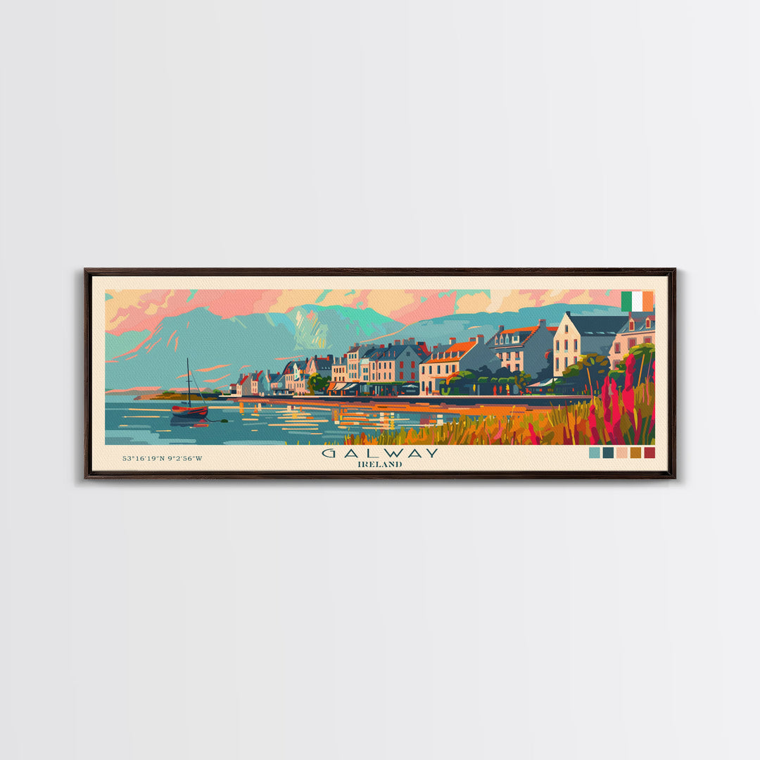 Galway Ireland Panoramic Travel Poster, Framed Canvas Print or Metal Wall Art, Travel Art, Home Decor, Panoramic Painting, Midcentury Art