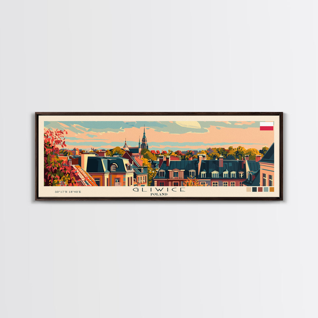 Gliwice Poland Panoramic Travel Poster, Framed Canvas Print or Metal Wall Art, Travel Art, Home Decor, Panoramic Painting, Midcentury Art