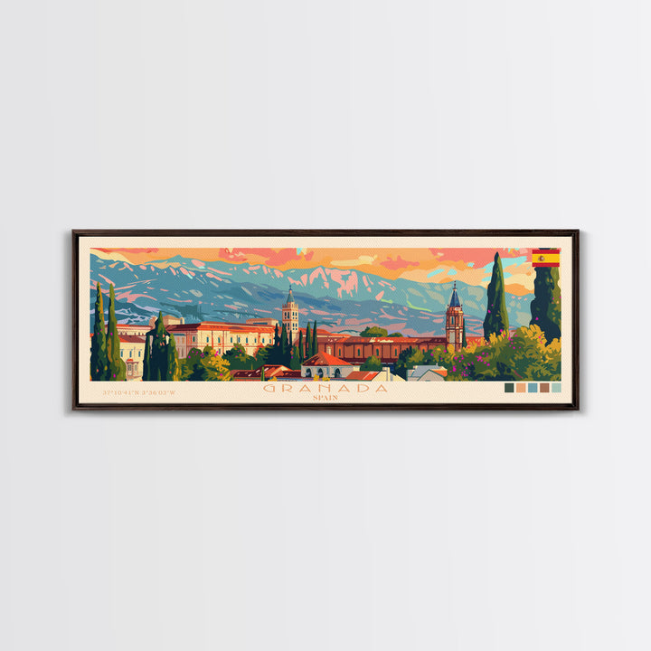 Granada Spain Panoramic Travel Poster, Framed Canvas Print or Metal Wall Art, Travel Art, Home Decor, Panoramic Painting, Midcentury Art