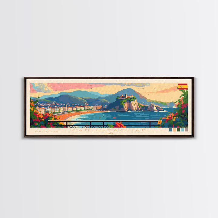 San Sebastian Spain Panoramic Travel Poster, Framed Canvas Print or Metal Wall Art, Travel Art, Home Decor, Panoramic Painting, Midcentury Art