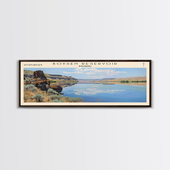Boysen Reservoir Wyoming Framed Canvas Print, Lake House Art, Panoramic Wall Art, Travel Poster, Minimalist Lake Painting, Home Decor