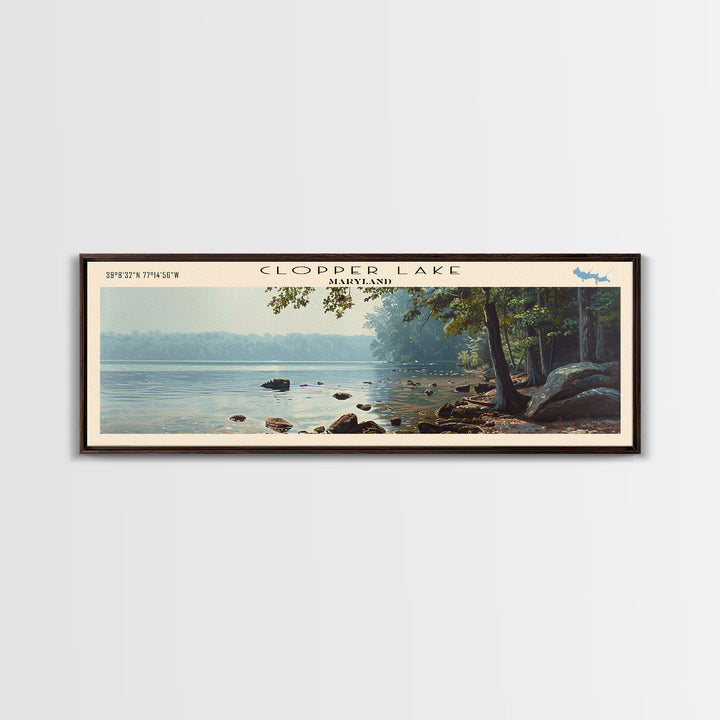 Clopper Lake Maryland Framed Canvas Print, Lake House Art, Panoramic Wide Art, Travel Poster, Minimalist Lake Painting, Home Decor