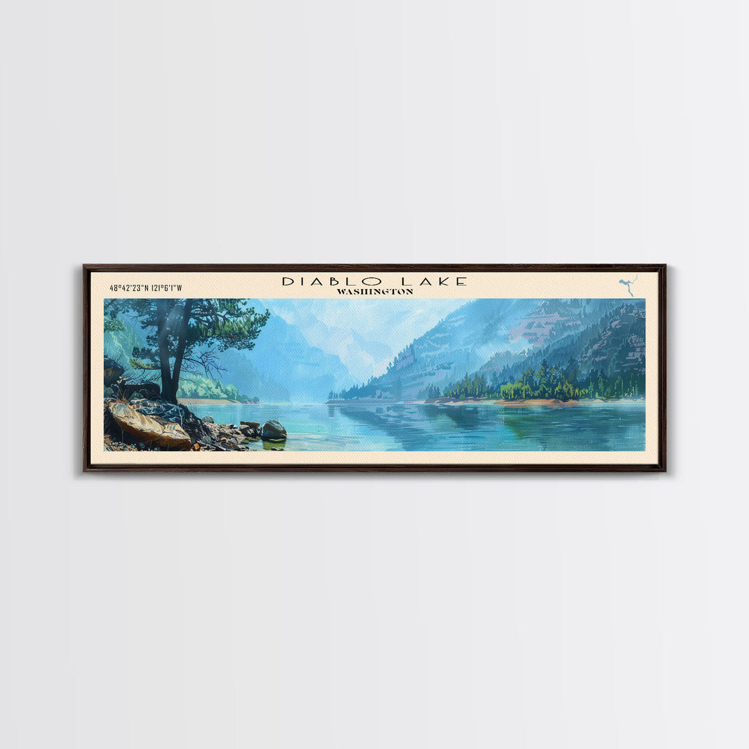 Diablo Lake Washington Framed Canvas Print, Lake House Art, Panoramic Wall Art, Travel Poster, Minimalist Lake Painting, Home Decor