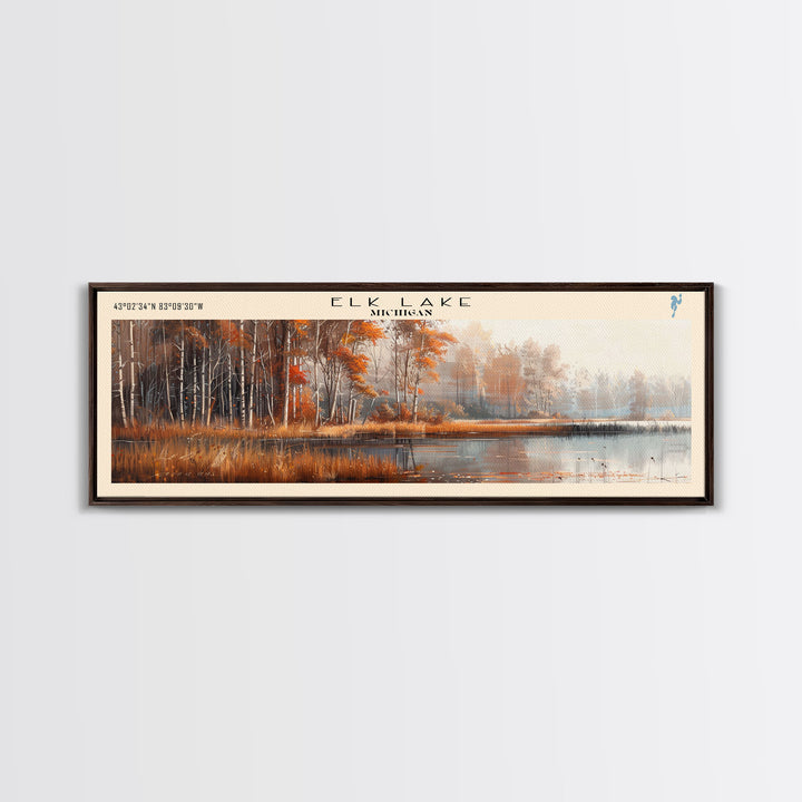 Elk Lake Michigan Framed Canvas Print, Lake House Art, Panoramic Wall Art, Travel Poster, Minimalist Lake Painting, Home Decor