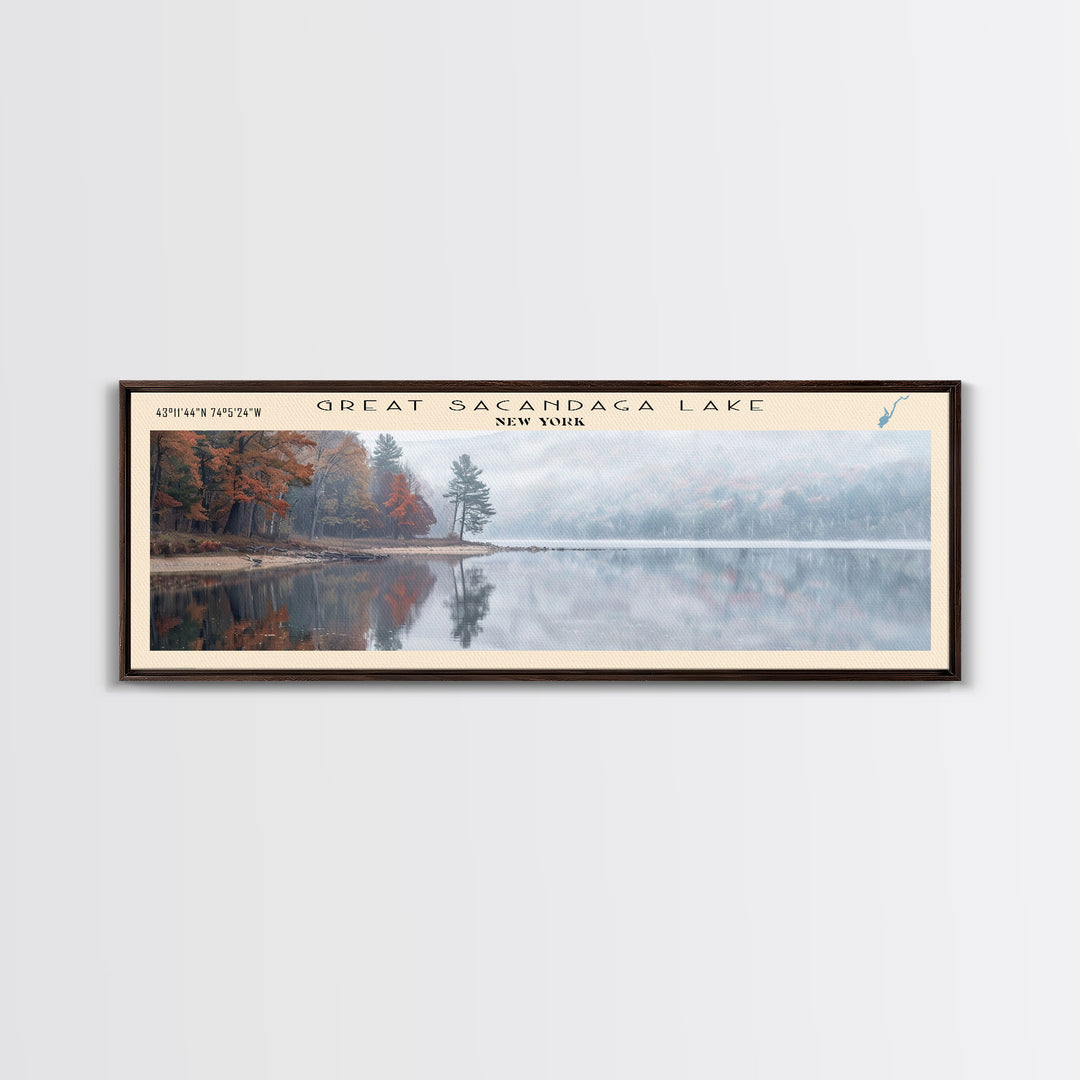 Great Sacandaga Lake Framed Canvas Print, Lake House Art, Panoramic Wall Art, Travel Poster, Serene Lake Painting, Home Decor