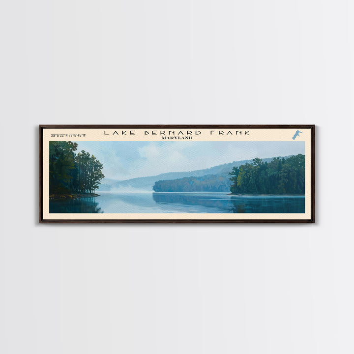 Lake Bernard Frank Maryland Framed Canvas Print, Lake House Art, Panoramic Wall Art, Travel Poster, Scenic Lake Painting, Nature Art