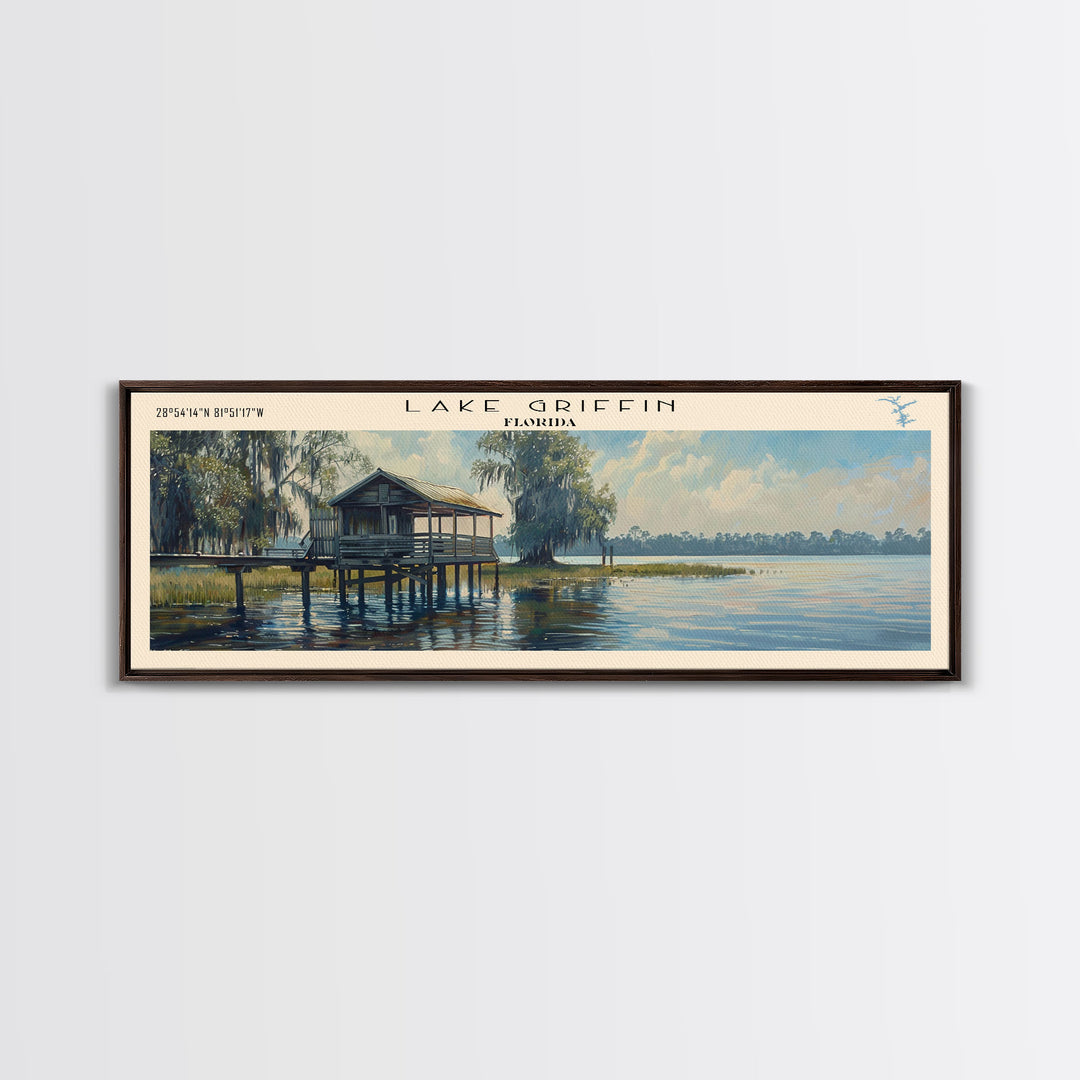 Lake Griffin Florida Framed Canvas Print, Lake House Decor, Panoramic Wall Art, Travel Poster, Beautiful Lake Painting, Nature Art