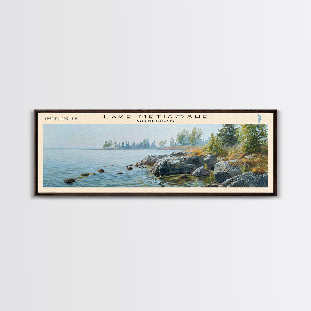 Lake Metigoshe North Dakota Framed Canvas Print, Lake House Decor, Panoramic Wall Art, Travel Poster, Serene Landscape Painting, Living Room Decor
