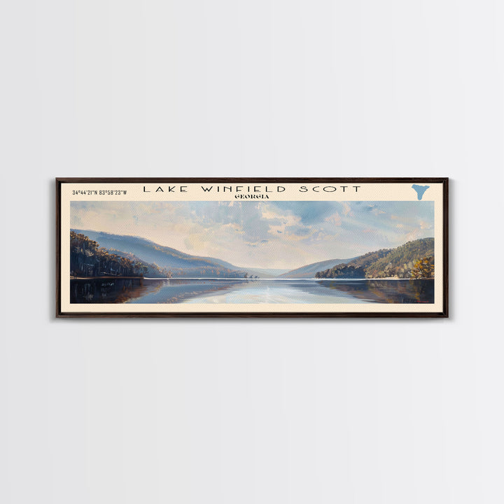 Lake Winfield Scott Georgia Framed Canvas Print, Lake House Decor, Panoramic Wall Art, Travel Poster, Scenic Landscape Painting, Rustic Art