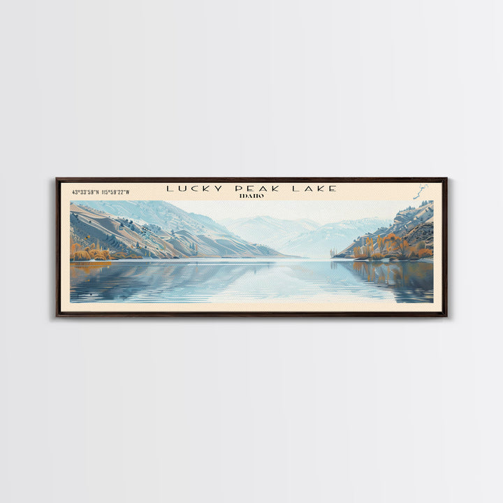 Lucky Peak Lake Idaho Framed Canvas Print, Lake House Decor, Panoramic Wall Art, Travel Poster, Landscape Painting, Modern Art