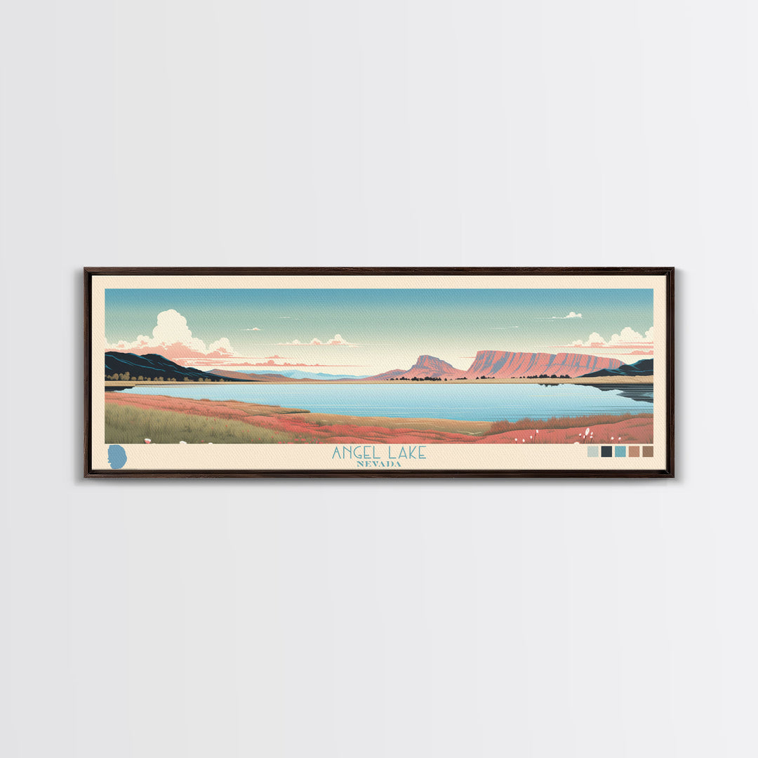 Angel Lake Nevada Framed Canvas Print, Panoramic Wall Art, Midcentury Modern, Pop Art, Travel Poster, Scenic Lake House Art