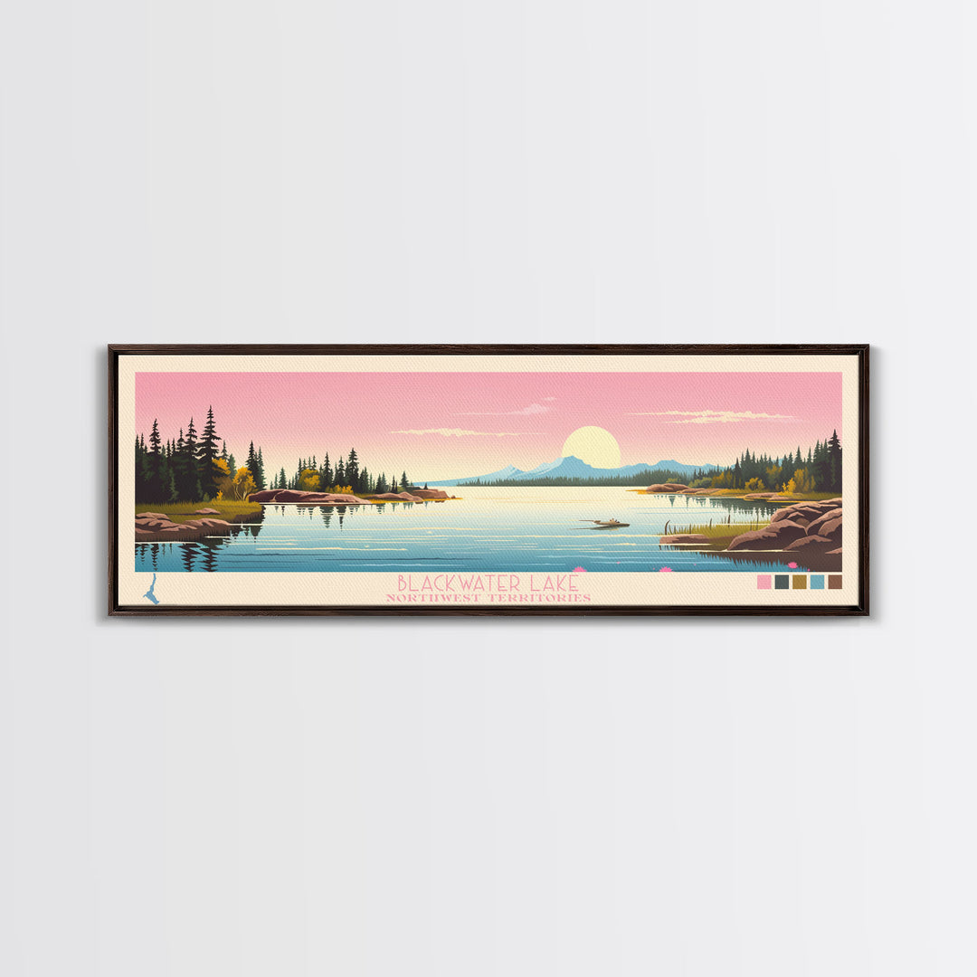 Blackwater Lake Northwest Territories Framed Canvas Print, Panoramic Wall Art, Midcentury Modern, Pop Art, Travel Poster, Scenic Living Room Art, Lake House Decor
