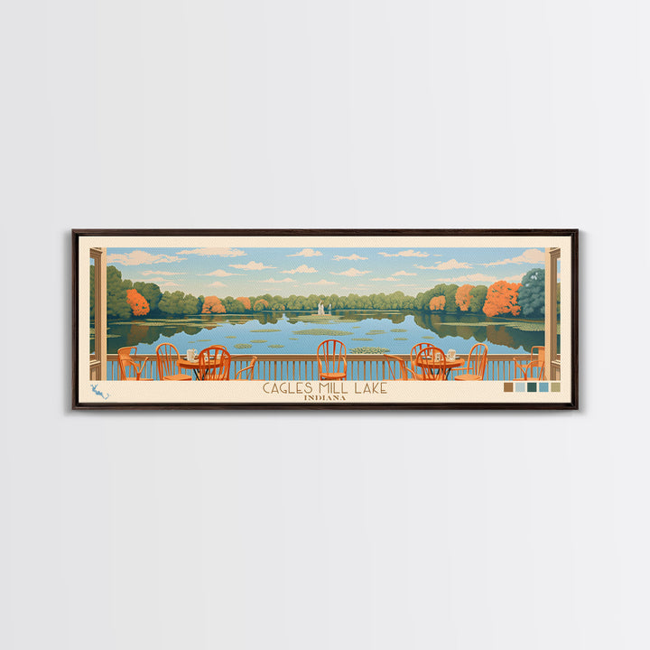 Cagles Mill Lake Indiana Framed Canvas Print, Midcentury Modern Panoramic Wall Art, Living Room Decor, Pop Art, Travel Poster Art, Scenic Nature Painting