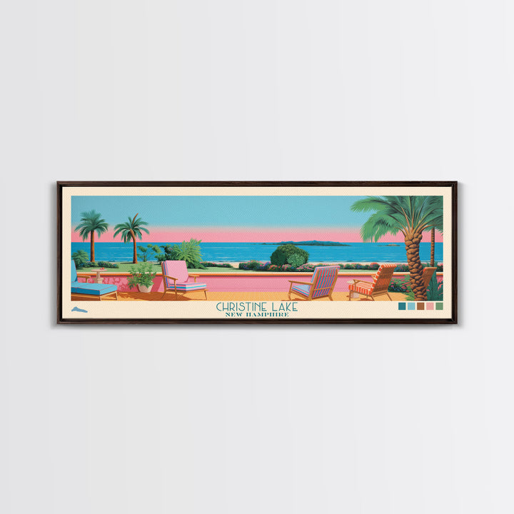 Christine Lake New Hamphire Framed Canvas Print, Pop Art Panoramic Travel Poster, Midcentury Modern, Wall Art, Scenic Nature Painting, Bedroom Decor, Living Room Art
