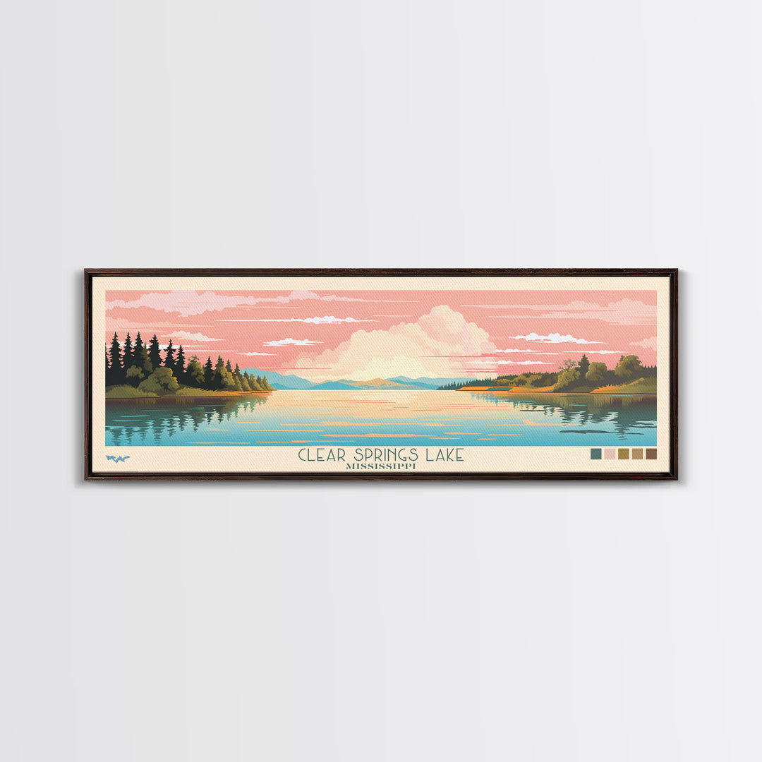 Clear Springs Lake Mississippi Framed Canvas Print, Pop Art Panoramic Travel Poster, Midcentury Modern, Wall Art, Scenic Nature Painting, Bedroom Decor, Living Room Art