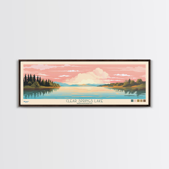 Clear Springs Lake Mississippi Framed Canvas Print, Pop Art Panoramic Travel Poster, Midcentury Modern, Wall Art, Scenic Nature Painting, Bedroom Decor, Living Room Art