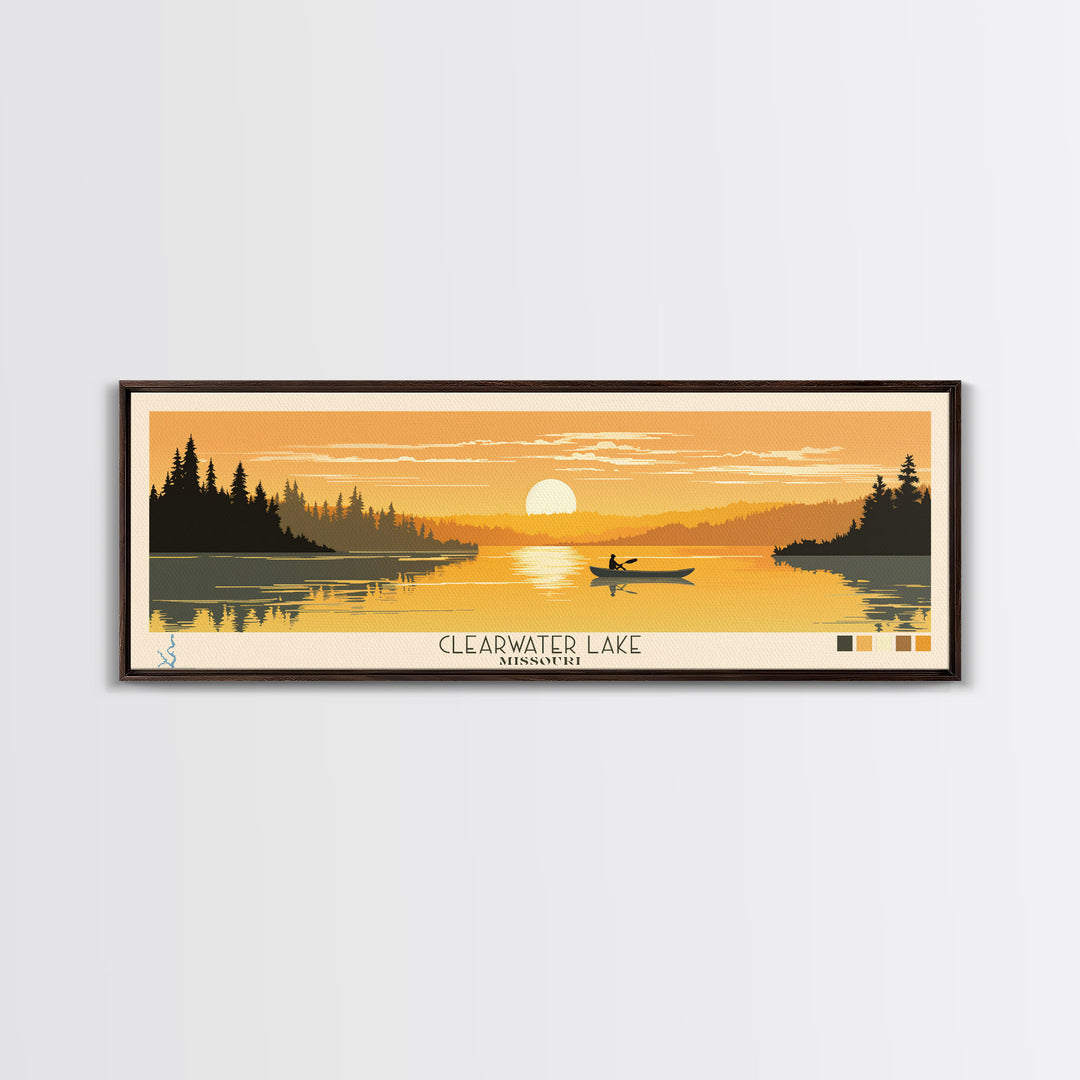 Clearwater Lake Missouri Framed Canvas Print, Pop Art Panoramic Travel Poster, Midcentury Modern, Wall Art, Scenic Nature Painting, Bedroom Decor, Living Room Art